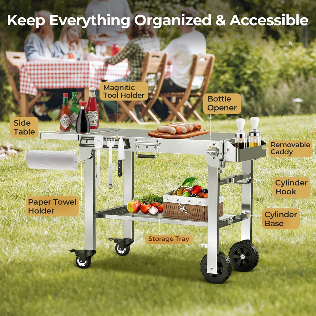 R.W.FLAME Folding Stainless Steel Grill Prep Table with Wheels for Camping Tailgating Cooking