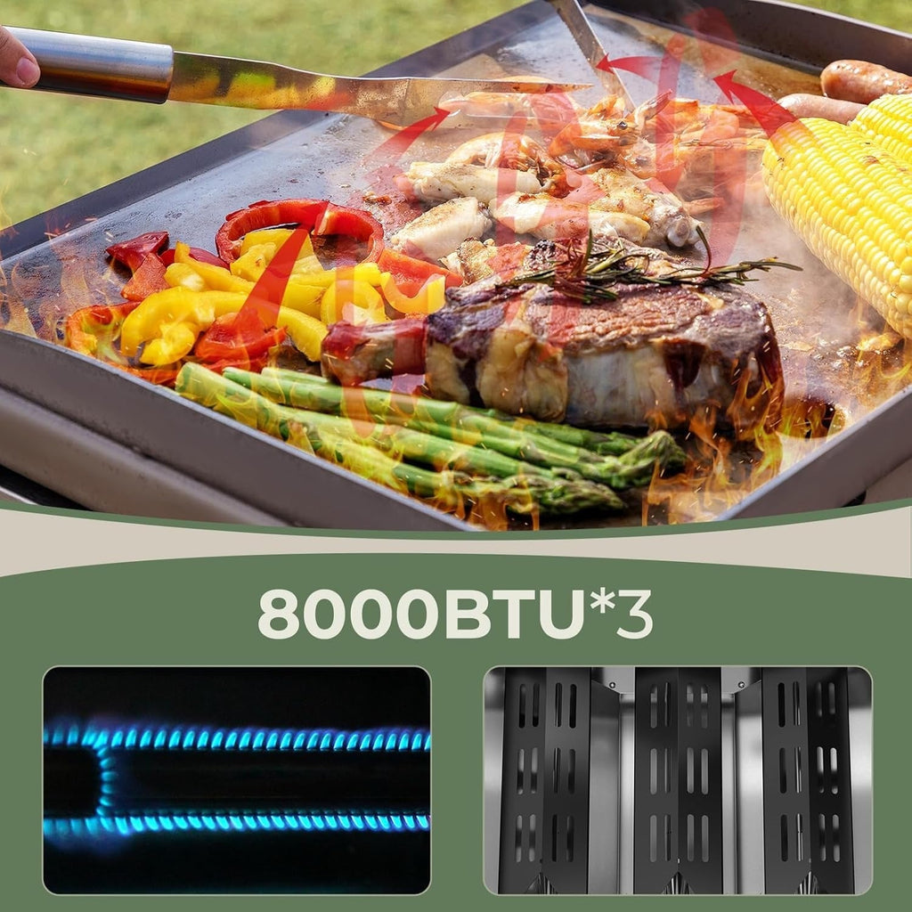 24 Inch 3-Burner Propane Gas Griddle 304 Stainless Steel 24000 BTU Flat Top with Grill Grate