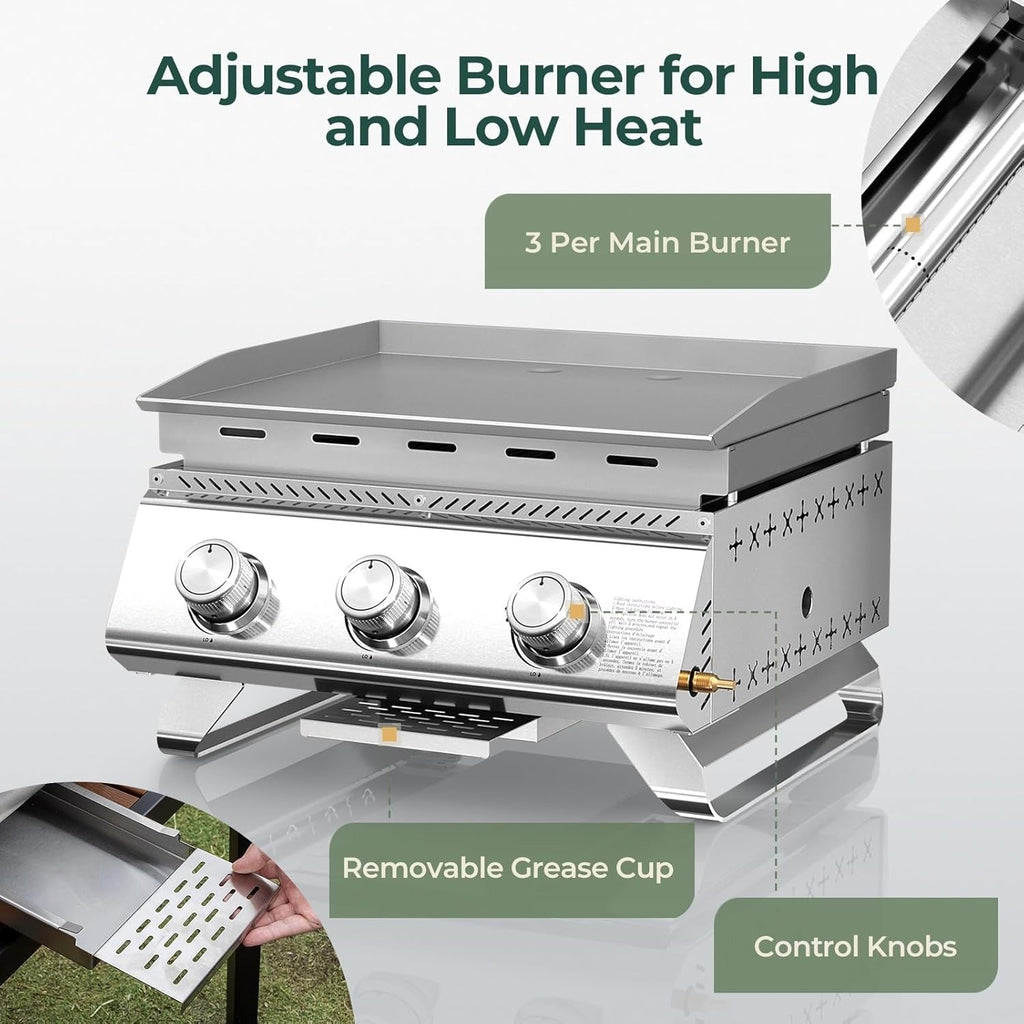 24 Inch 3-Burner Propane Gas Griddle 304 Stainless Steel 24000 BTU Flat Top with Grill Grate